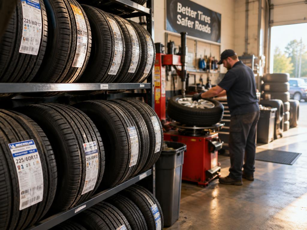 Tire shop with racks of tires