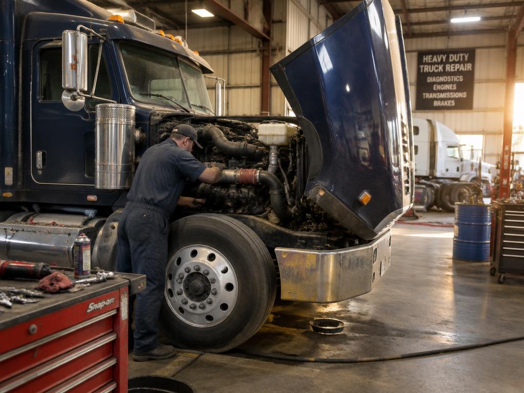 Truck repair shop with a semi truck in the bay